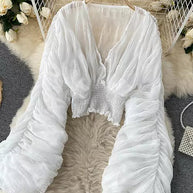 WW | Elegantes Chiffon V-Leder Puff Lange Ärmel Kurze Tops