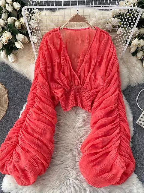 W&W Mode | Elegantes Chiffon V-Leder Puff Lange Ärmel Kurze Tops