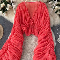 WW | Elegantes Chiffon V-Leder Puff Lange Ärmel Kurze Tops