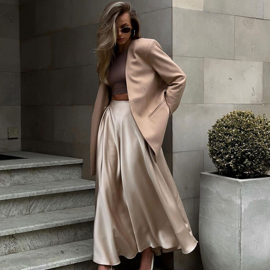 WW | Elegante Hoch Taille Ausgestellte A-Linie Polierte Satin Falten Midi Rock