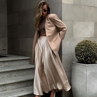 WW | Elegante Hoch Taille Ausgestellte A-Linie Polierte Satin Falten Midi Rock