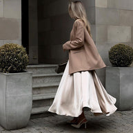 WW | Elegante Hoch Taille Ausgestellte A-Linie Polierte Satin Falten Midi Rock