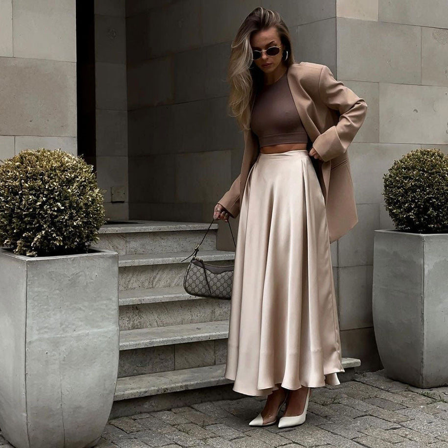 WW | Elegante Hoch Taille Ausgestellte A-Linie Polierte Satin Falten Midi Rock
