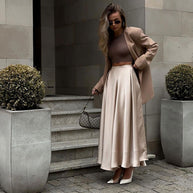 WW | Elegante Hoch Taille Ausgestellte A-Linie Polierte Satin Falten Midi Rock