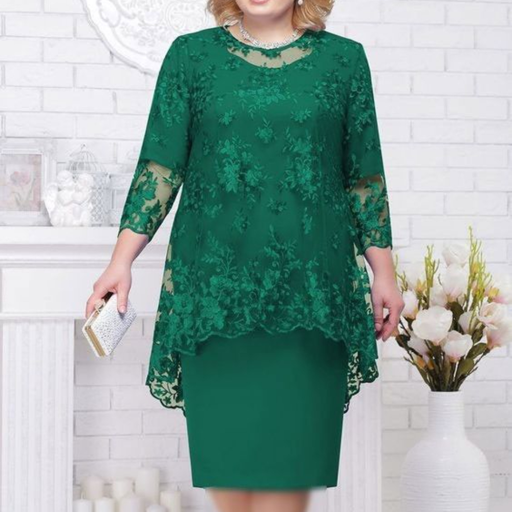 W&W Mode | Elegantes Spitzenmuster 3/4 ärmelig Damen Abendkleid