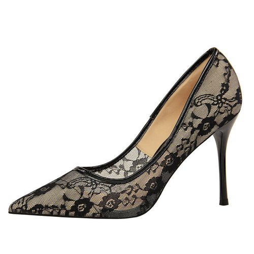 W&W Mode | Elegante Spitz Zulaufende Blumenspitze Mesh Stiletto Absatzpumps