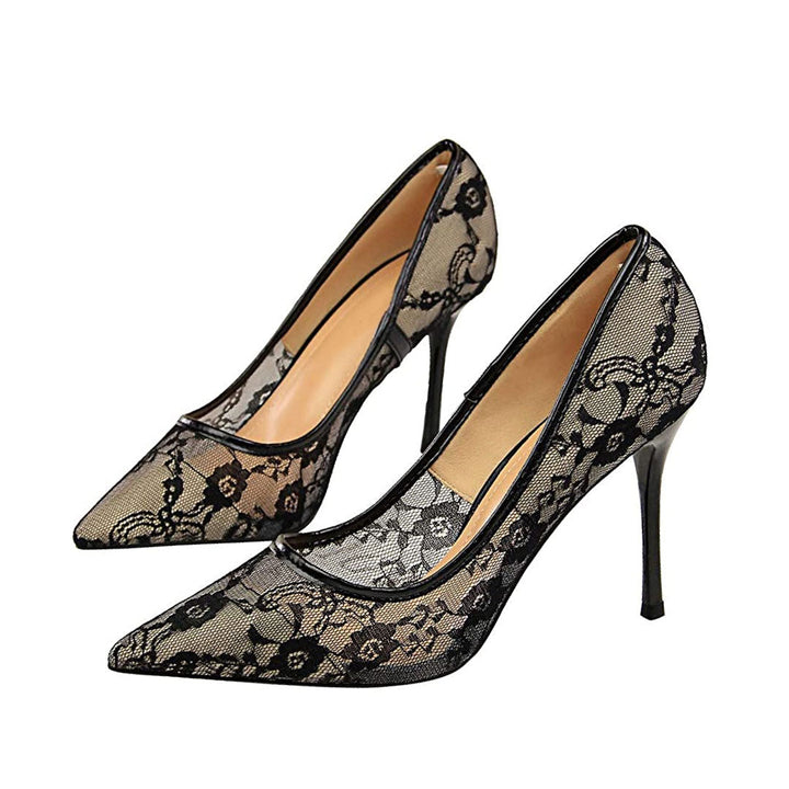 W&W Mode | Elegante Spitz Zulaufende Blumenspitze Mesh Stiletto Absatzpumps