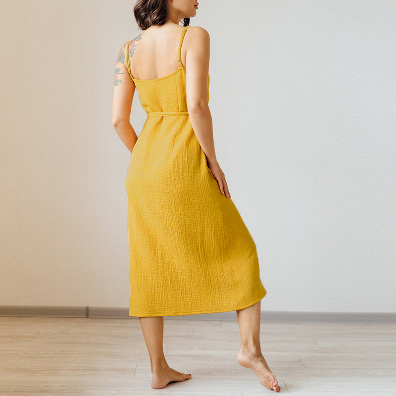 Damen-Maxikleid aus Baumwolle mit V-Ausschnitt und Spaghettiträgern