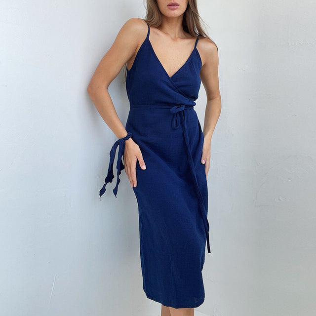 Damen-Maxikleid aus Baumwolle mit V-Ausschnitt und Spaghettiträgern