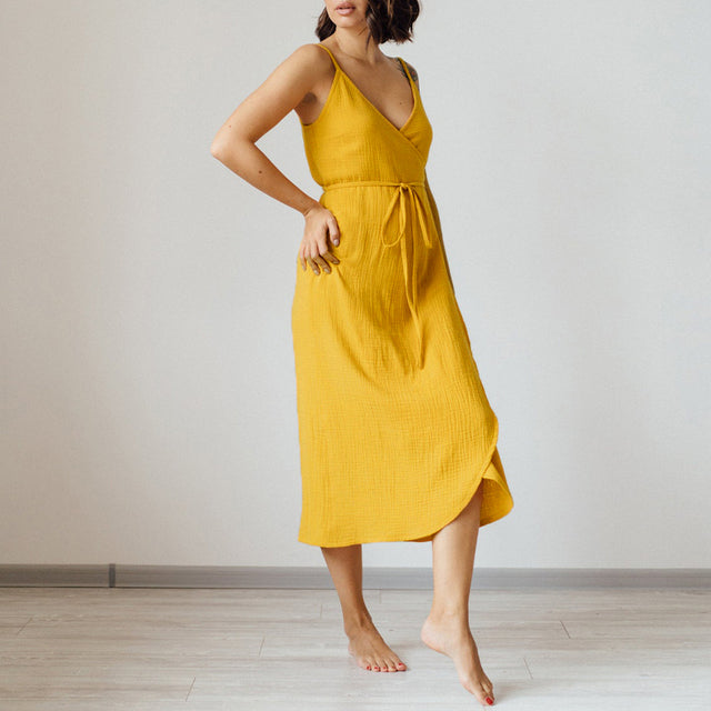Damen-Maxikleid aus Baumwolle mit V-Ausschnitt und Spaghettiträgern