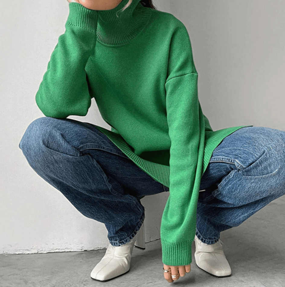 WW | Stilvolle Gestrickter Pullover Mit Seitenschlitzen Damen Rollkragen Sweatshirt