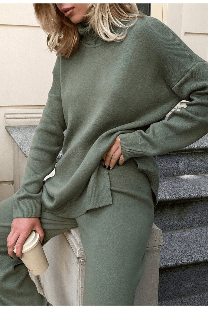 WW | Stilvolle Gestrickter Pullover Mit Seitenschlitzen Damen Rollkragen Sweatshirt