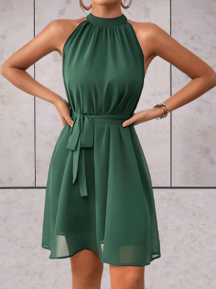 W&W Mode | Danes Mini Kleid Einfarbiges Ärmelloses Kleid Mit Rundhalsausschnitt Und Bindegürtel