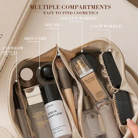 Eine offene Kosmetiktasche mit mehreren Fächern voller Schönheitsprodukte, darunter Hautpflegeprodukte und Make-up, die zur einfachen Identifizierung beschriftet sind.