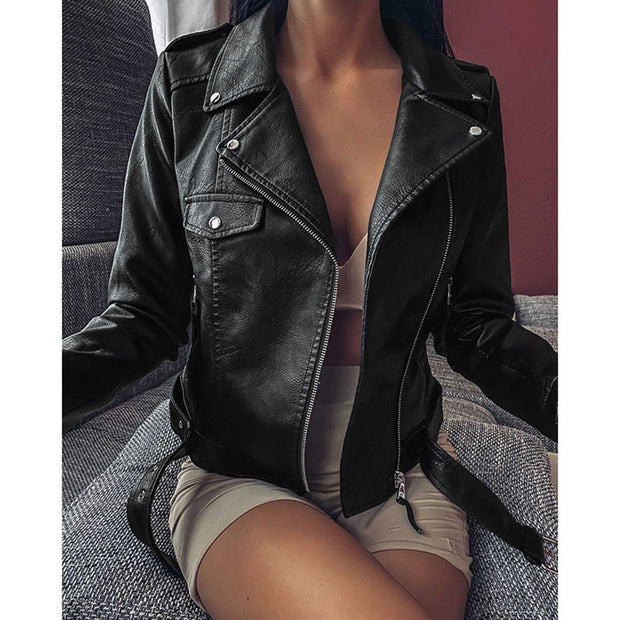 WW | Schwarze Lederjacke mit Reißverschluss und Reversknöpfen