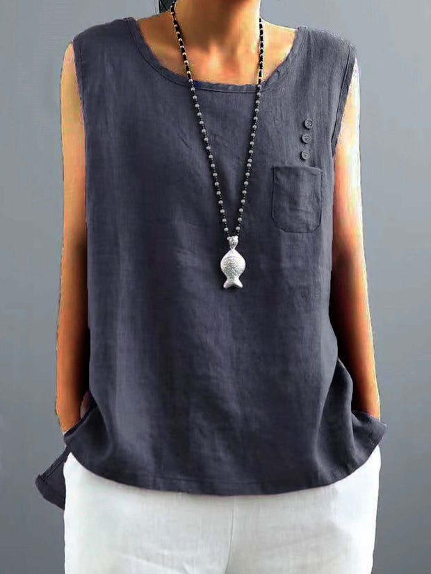 WW | Vintage Baumwolle Leinen Unifarben Lockeres T-Shirt