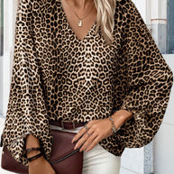 WW | Stilvolles Leopardenprint-Top mit V-Ausschnitt und Laternenärmeln