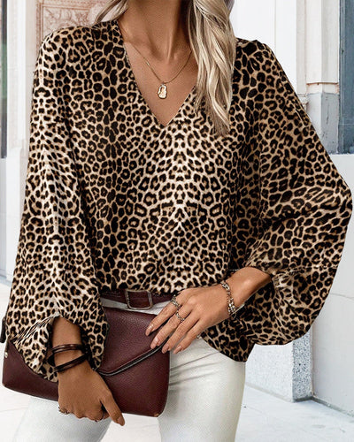 WW | Stilvolles Leopardenprint-Top mit V-Ausschnitt und Laternenärmeln