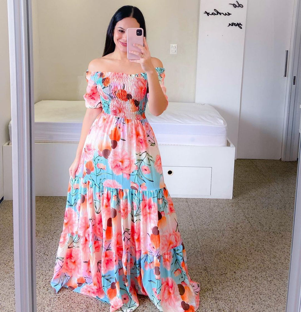 WW | Blumenmuster Maxi Kleid Mit Schulterfreiem Design