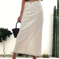 WW | Einfarbiger Weißer Schlitz Hinten Lässig Maxi Denim Rock
