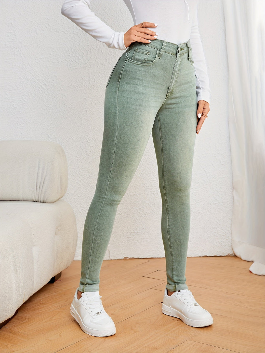 W&W Mode | Olivgrüne High Waist Slim Fit Jeans Mit Stretch Denim