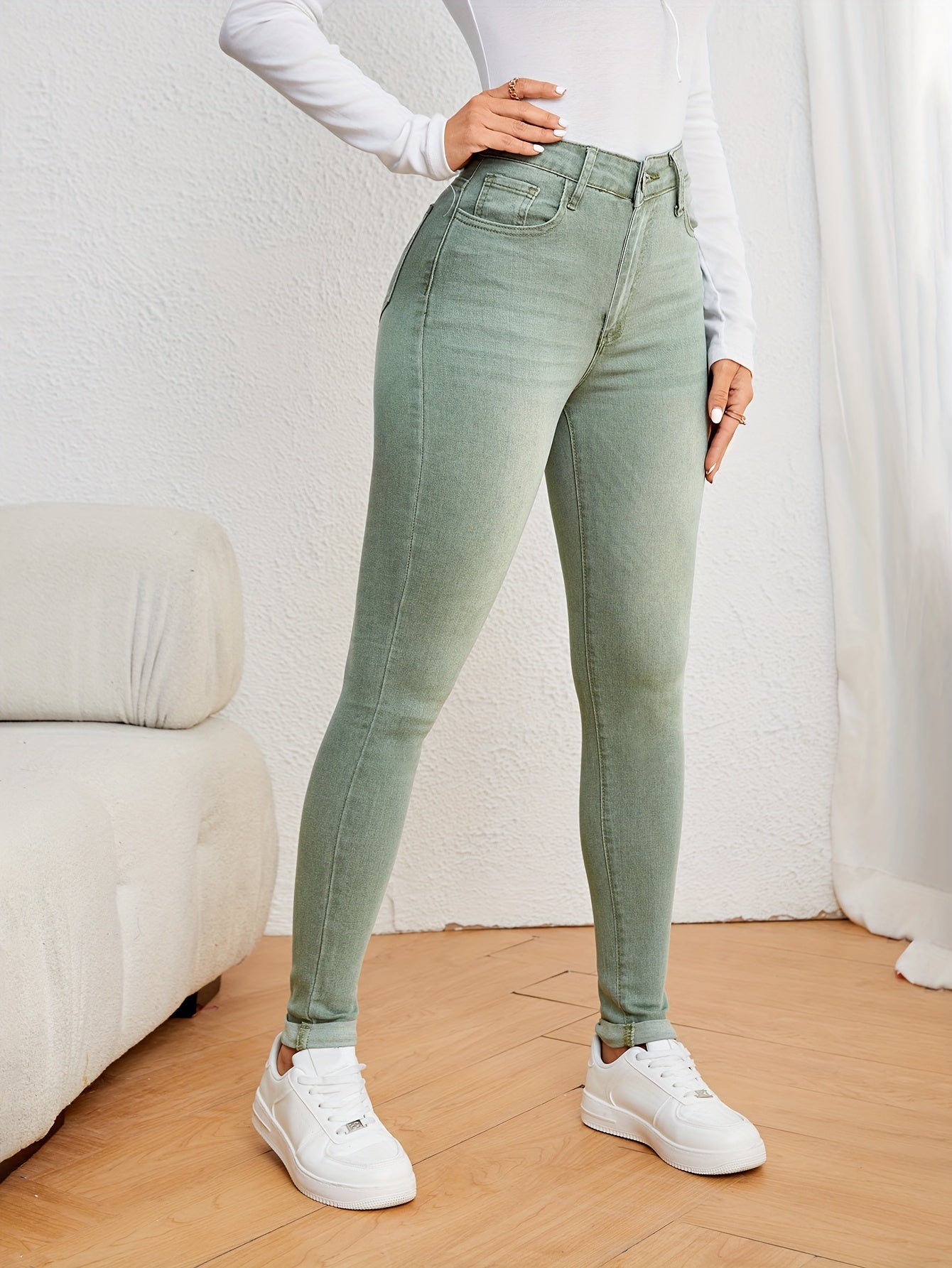 WW | Olivgrüne High Waist Slim Fit Jeans Mit Stretch Denim