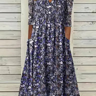 WW | Midikleid A-Linie Passform V-Ausschnitt 3/4 Ärmel Blumenmuster