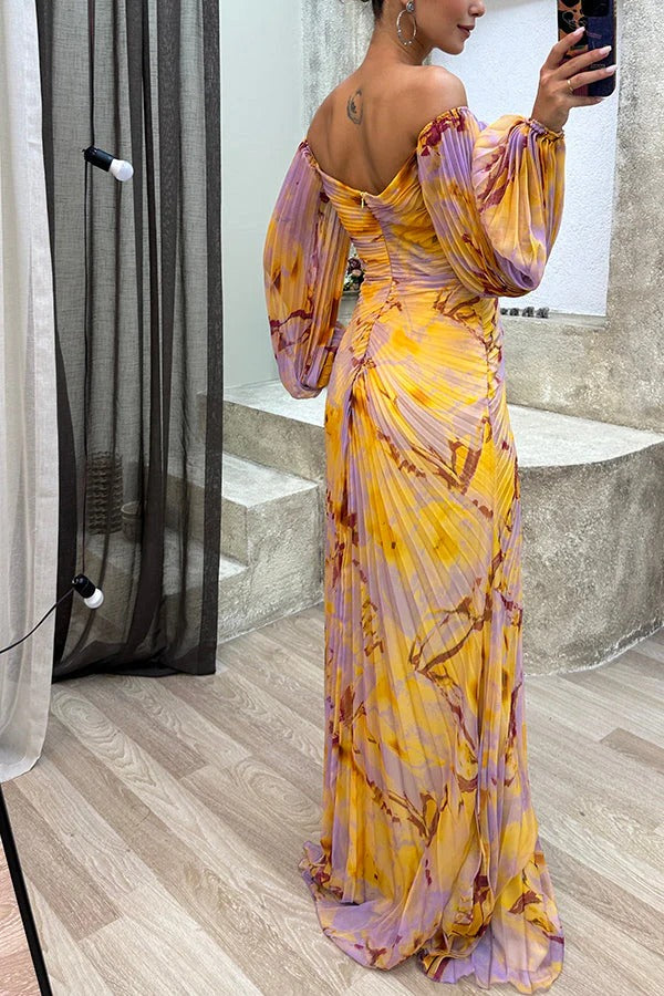 WW | Sunset Serenade Bedrucktes Off-Shoulder Maxikleid mit Diamantverzierungen und Faltenröcken mit Schlitz
