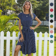 WW | Elegantes Polka Dot Midi Kleid Mit Kurzen Ärmeln Für Damen