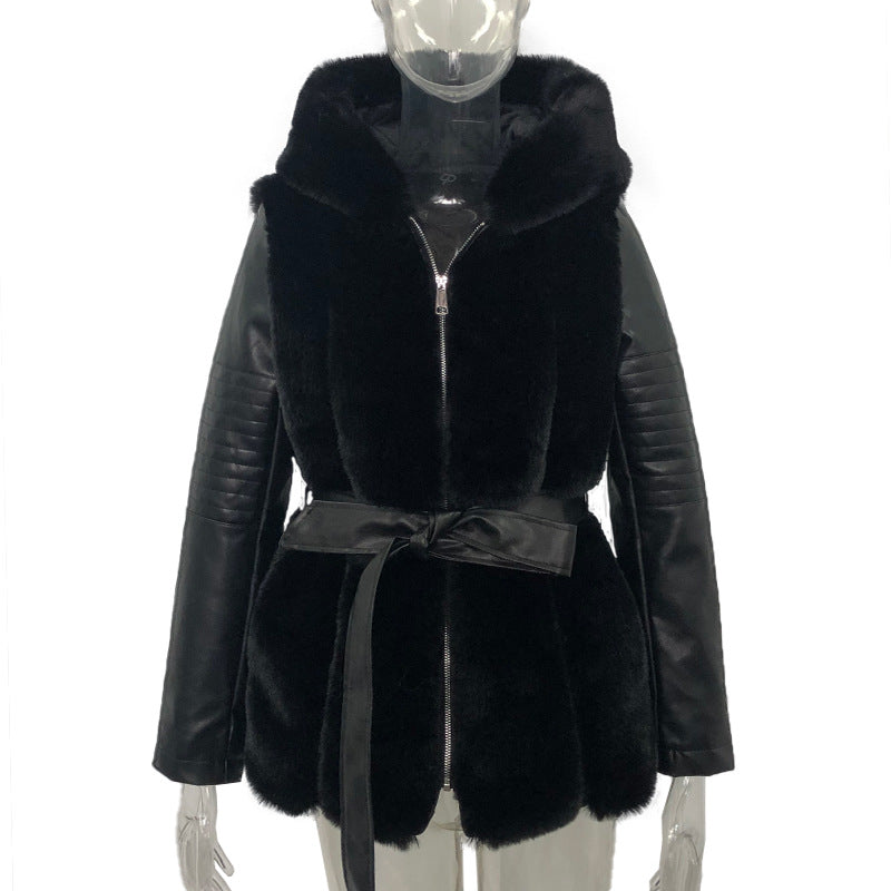 WW Stil Pelz Gürtel Gürtel Mit Kapuze Zipper Jacke für Damen