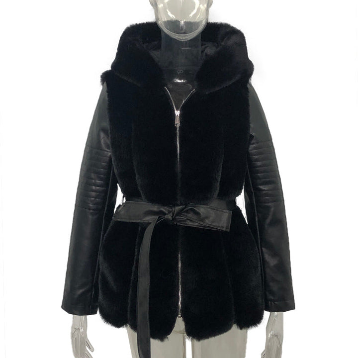 W&W Mode Stil Pelz Gürtel Gürtel Mit Kapuze Zipper Jacke für Damen
