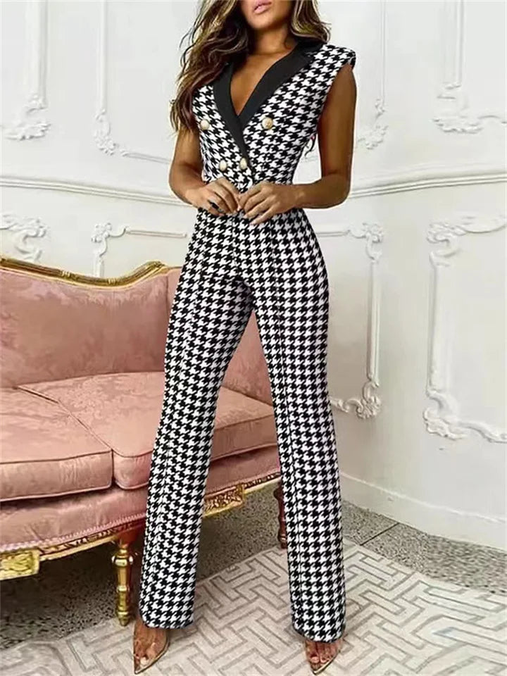 Damen-Jumpsuit mit V-Ausschnitt und Hahnentrittmuster
