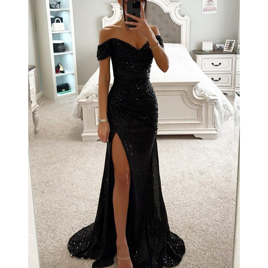 WW | Off Shoulder Abendkleid Mit Pailletten Elegantes Partykleid Mit Schlitz Und Figurbetontem Schnitt Für Festliche Anlässe