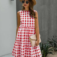 WW | Mode, Locker Geschnittenes Damenkleid mit Rundhalsausschnitt, Kariert Pastelmittelrock