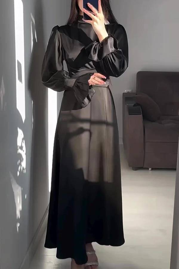 WW | Einfarbiger Rüschensleeve Taillierter Krawatten Slim Fit Maxikleid