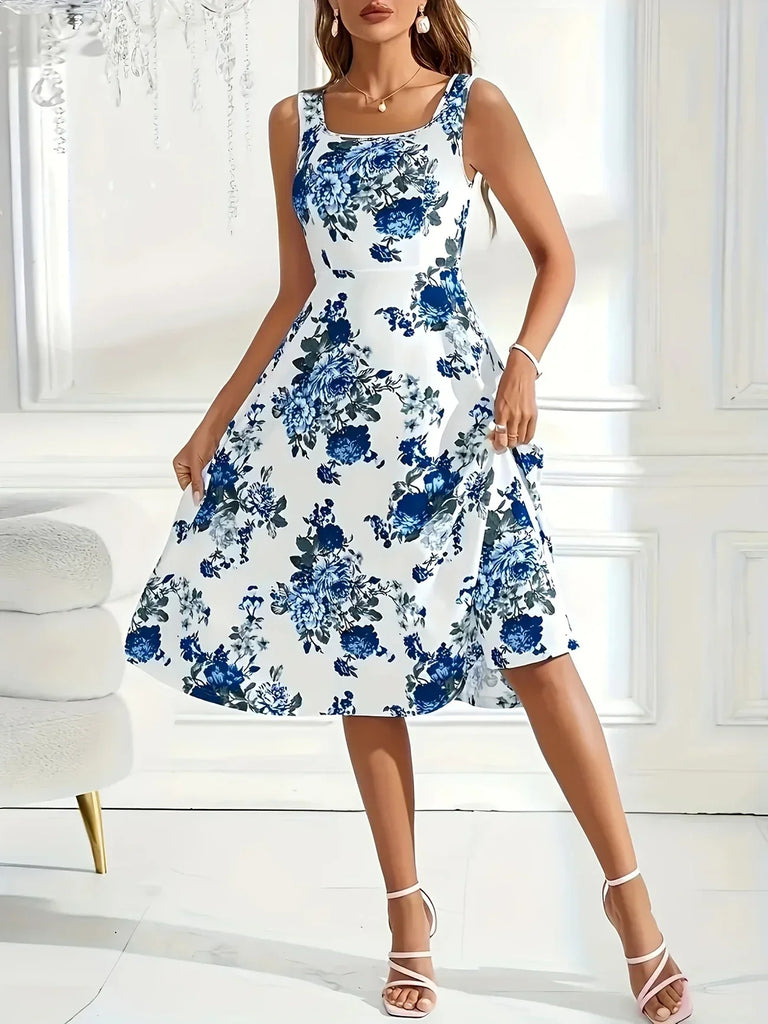 WW | Blumenmuster Midi Kleid A-Linie Ohne Rücken Ohne Ärmel Perfekt für Sommer