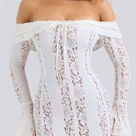 WW | Blumen Spitze Off Shoulder Flare Ärmel Fishtail Maxi Kleider - Weiß