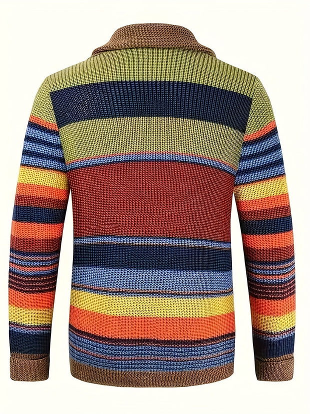 WW | Großer Gestrickter Herren Strickjacke Mit Kontrastierenden Farben