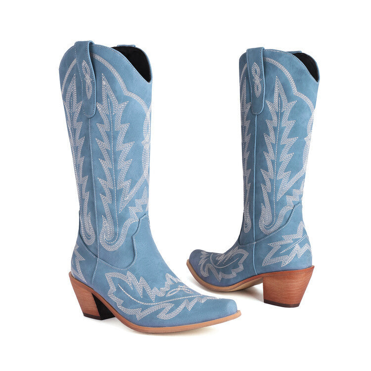 WW | Bestickte Lange Kniehohe Stiefel Spitz Zehe Chunky Absatz Hoher Absatz