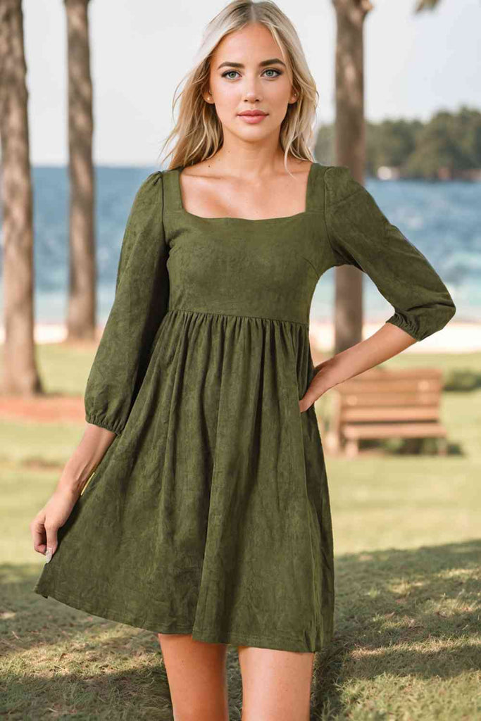 WW | Quadrat-Ausschnitt Dreiviertel-Ärmel Mini Kleid