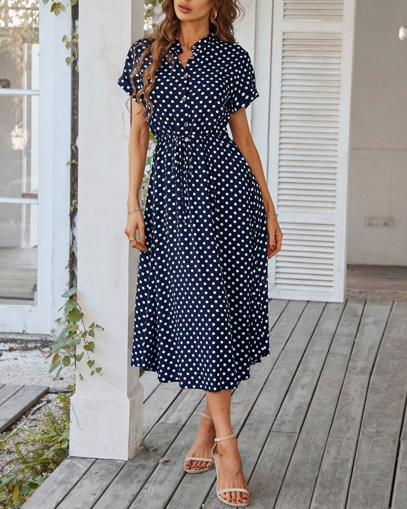 WW | Punkte-Muster Kleid mit Bindeband und Knöpfen