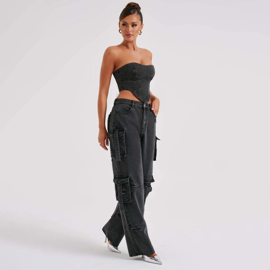 WW | Denim-Anzüge Sommer Sexy Rückenausschnitt Tube Top und Mehrfach-Taschen Gerade Hosen Mode Lange Hosen Anzug Damenbekleidung