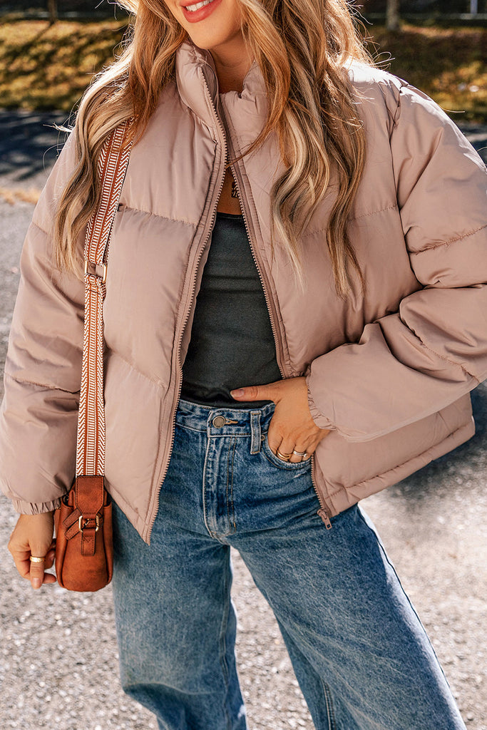 WW | Elegante Apricot Pinke Steppjacke Mit Reißverschluss Für Frauen
