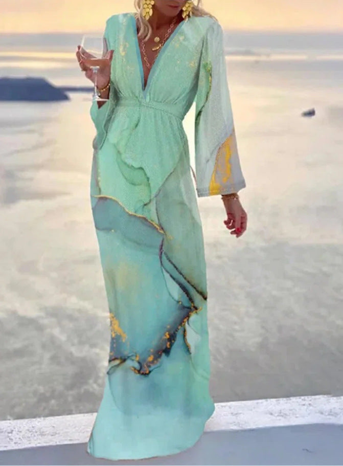 W&W Mode | V-ausschnitt Chiffon Ärmel Taillierung Strandrock