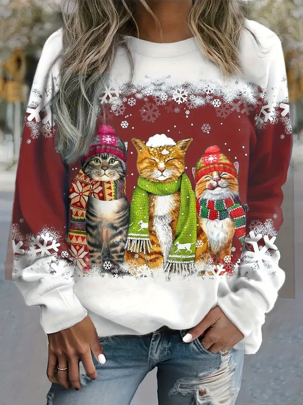 WW | Weihnachtspullover Mit Katzenaufdruck Für Damen