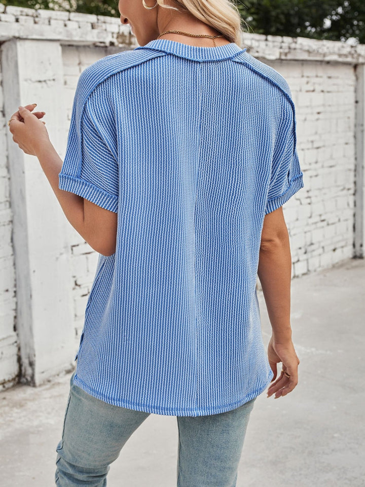 W&W Mode | Cord-Ripp V-Ausschnitt Kurzarm T-Shirt