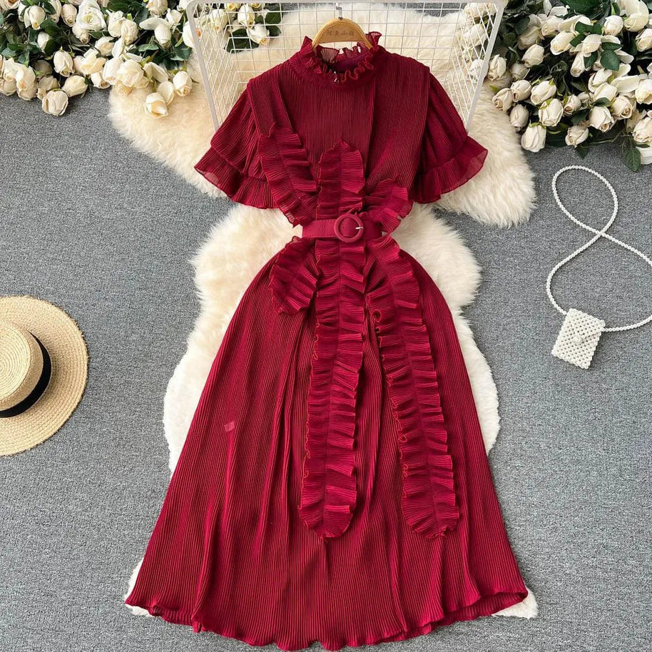 WW | Langarm Maxikleid mit plissierten Volants
