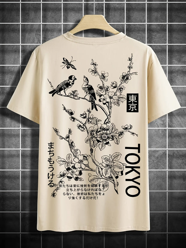 WW | Lässiges Herren T-shirt Mit Blumen Und Vogelprint
