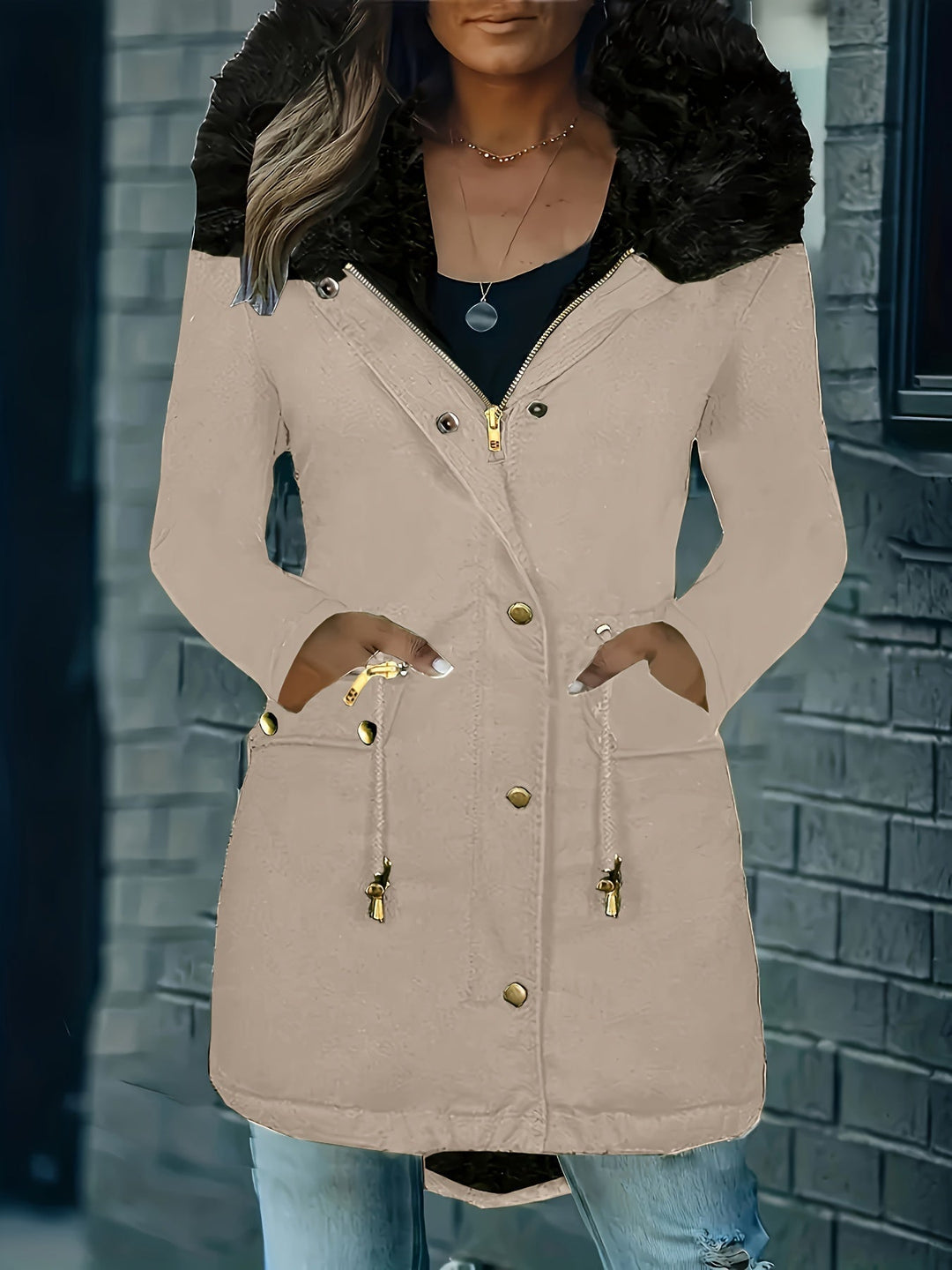 W&W Mode | Zip up Parka Mantel mit Knöpfen Kapuze Damen Winterjacke