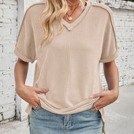 WW | Cord-Ripp V-Ausschnitt Kurzarm T-Shirt